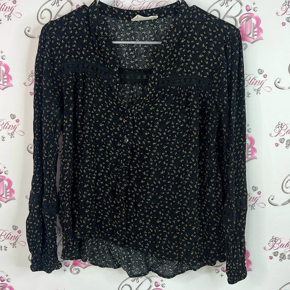 Everleigh Black Floral Blouse crochet detail accents yellow flowers